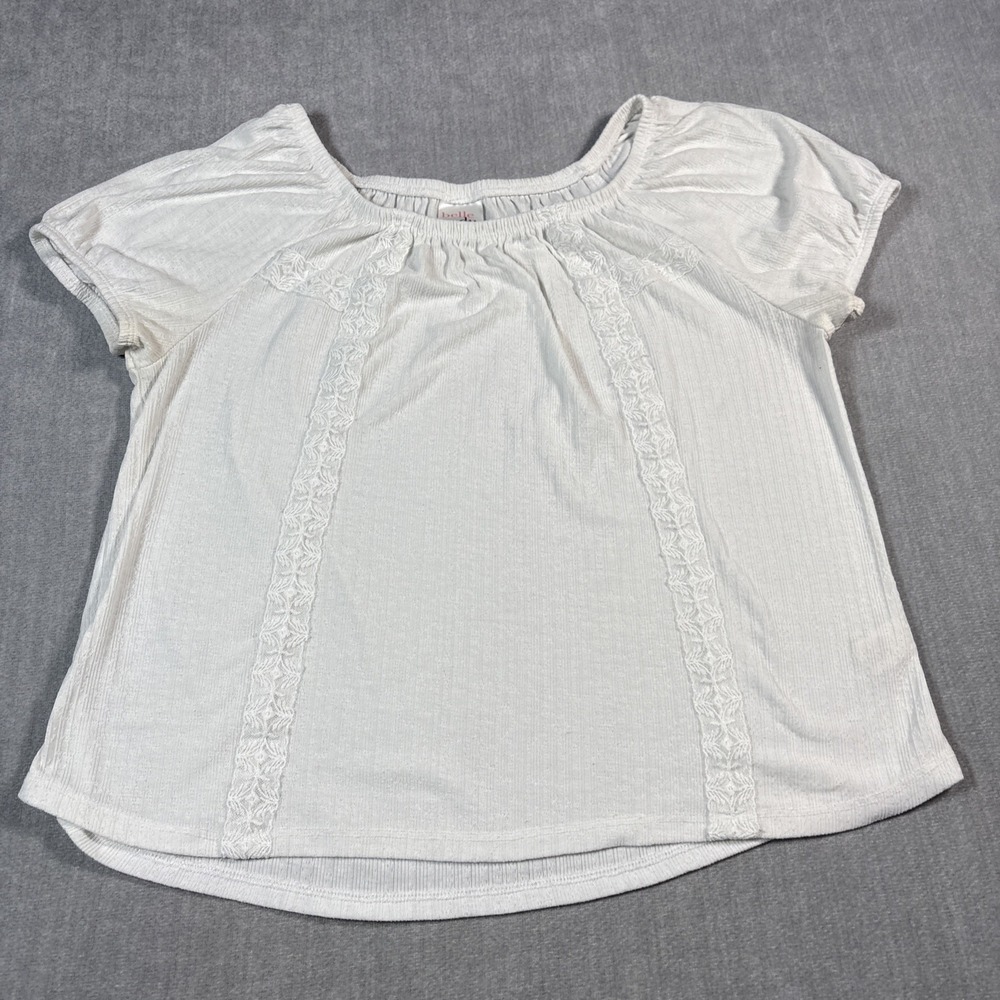 BELLE DU JOUR Girls Top Size Large Flutter Sleeves Embroidered Blouse White